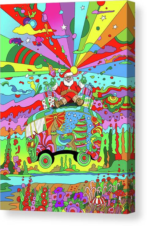 Santa Hippie Bus Canvas Print featuring the digital art Santa Hippie Bus by Howie Green