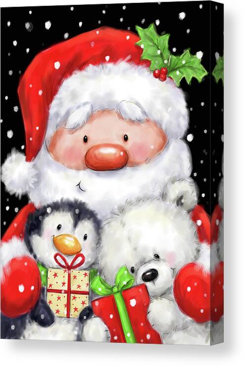 Santa Canvas Print featuring the mixed media Santa, Penguin And Polar Bear by Makiko