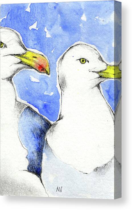 Seagull Canvas Print featuring the painting Seagull Friends by AnneMarie Welsh