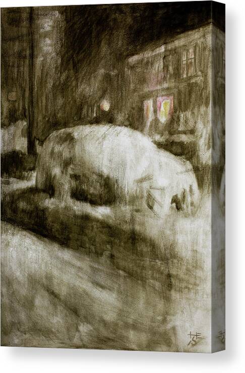 Snow Covered Car Canvas Print featuring the painting Snow Covered Car at Night by Hans Egil Saele