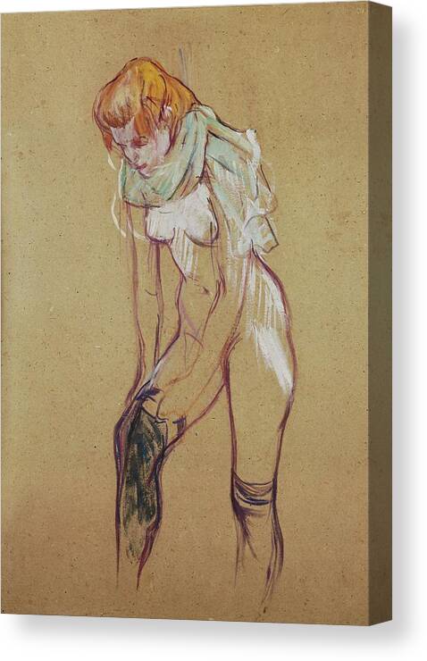 Henri De Toulouse-lautrec Canvas Print featuring the drawing Study for andquot, Woman putting on her stockingandquot,, 1894 Essence on board, 61,5 x 44,5 cm. by Henri de Toulouse Lautrec -1864-1901-