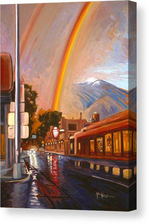 Taos Santa Fe Northern New Mexico Southwest Mountain Peak Rainbow Weather Plaza Inn Wet Street Corner Highway Weather Climate Spring Rain Puddles Water Reflections Ozone Mist Headlights Snow Capped Tourist Attraction Magnificent Beautiful Colorful Rural City High Desert Cityscape Canvas Print featuring the painting Taos Rainbow by Art West