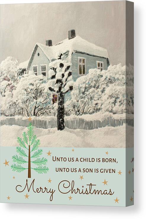 Christmas Card Canvas Print featuring the painting The House and the Poplar Tree by Hans Egil Saele
