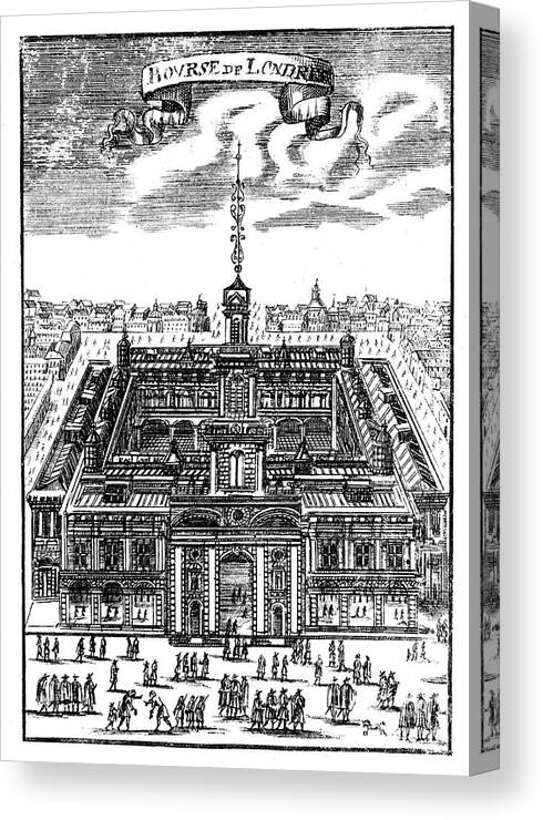 Engraving Canvas Print featuring the drawing The Royal Exchange, London, 1686 by Print Collector