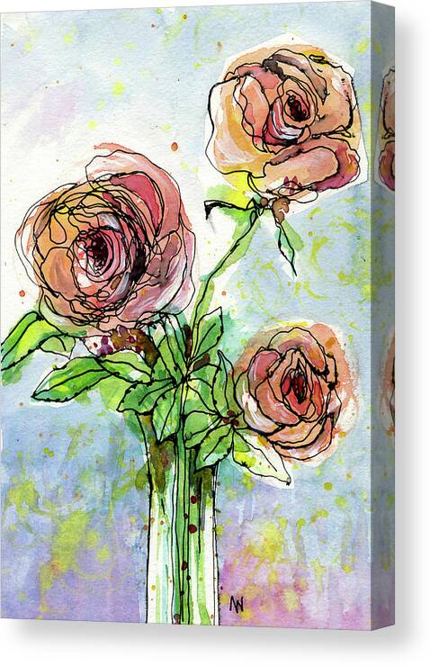 Watercolor Canvas Print featuring the painting Three Roses by AnneMarie Welsh