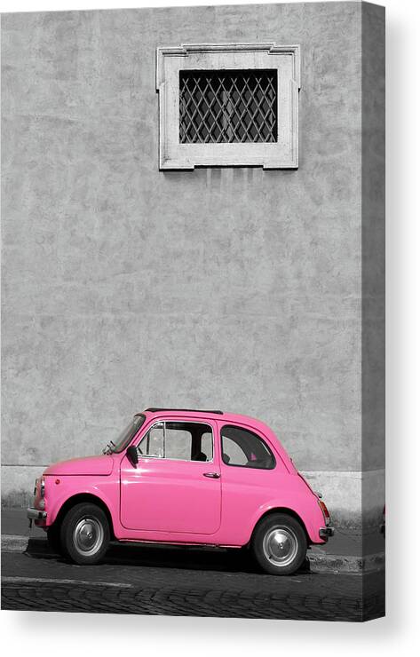 Sparse Canvas Print featuring the photograph Tiny Pink Vintage Car, Rome Italy by Romaoslo
