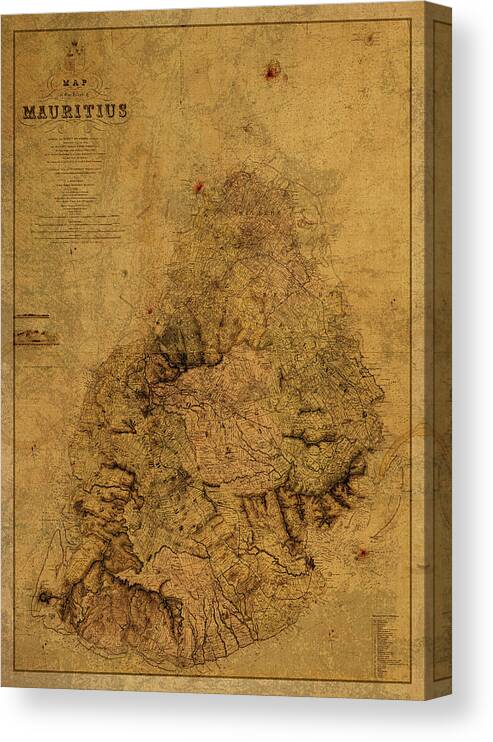 Vintage Canvas Print featuring the mixed media Vintage Map of Mauritius 1880 by Design Turnpike