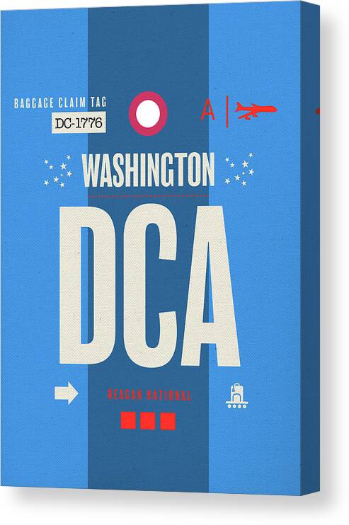 Washington Canvas Print featuring the mixed media Washington DCA Airport Code Baggage Claim Luggage Tag Series by Design Turnpike