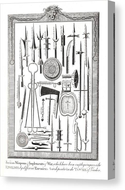 Engraving Canvas Print featuring the drawing Weapons And Implements Of War Used by Print Collector