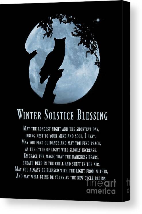 Winter Solstice Canvas Print featuring the photograph Winter Solstice Owl and Moon in Oak Tree Yule Blessing by Stephanie Laird