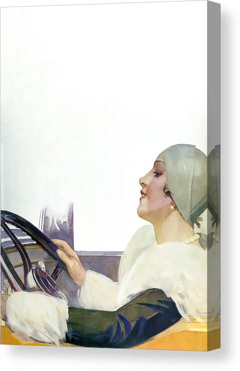 Vintage Canvas Print featuring the mixed media Woman Driving 1930 Vehicle Original French Art Deco Illustration by Retrographs