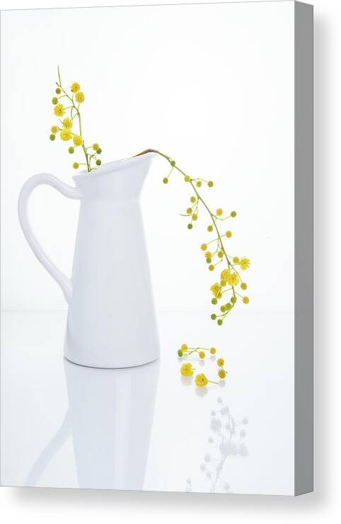 Decoration Canvas Print featuring the photograph Yellow beautiful flowers on a white vase. by Michalakis Ppalis