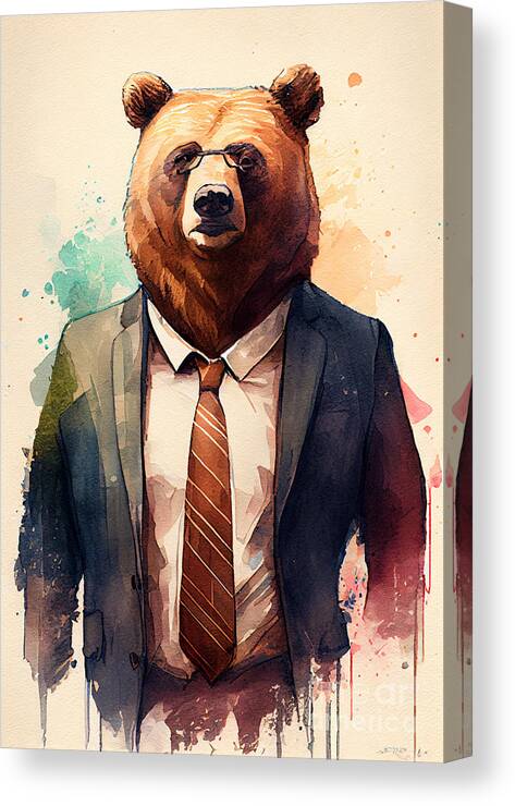 Bear Canvas Print featuring the painting Bear in Suit Watercolor Hipster Animal Retro Costume #1 by Jeff Creation