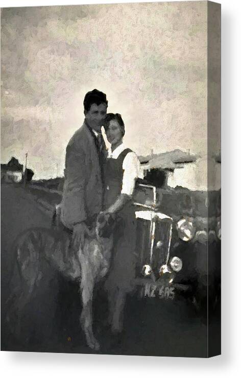 1950s Canvas Print featuring the mixed media 1950s Melbourne Couple Great Dane And Classic MG Car by Joan Stratton