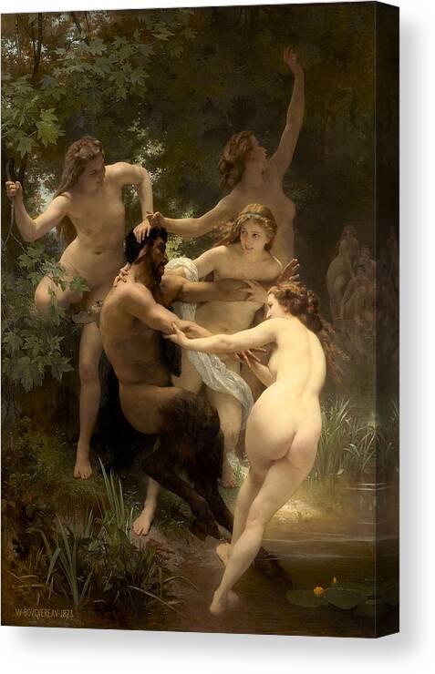 William Adolphe Bouguereau Canvas Print featuring the painting Nymphs and Satyr #8 by William Adolphe Bouguereau