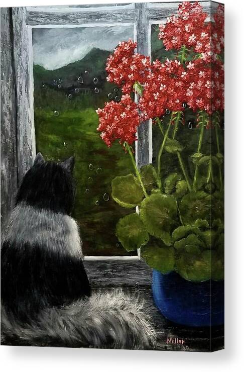 Cat Canvas Print featuring the painting A Rainy Day Refuge by Peggy Miller