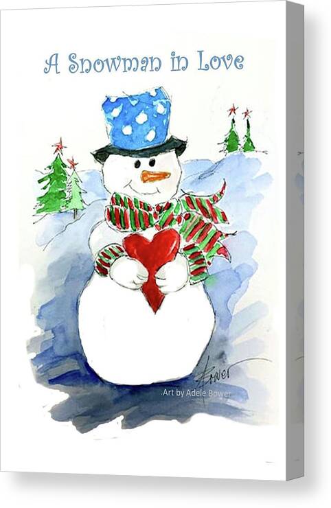 Snowmen Canvas Print featuring the painting A Snowman in Love by Adele Bower