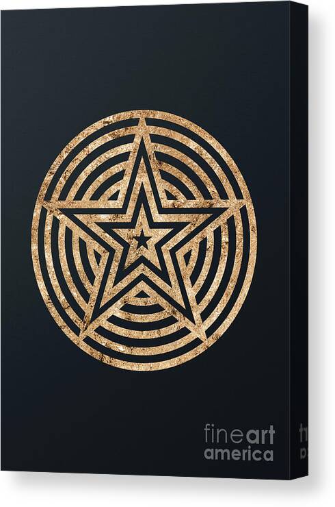Glyph Canvas Print featuring the mixed media Abstract Geometric Gold Glyph Art on Dark Teal Blue 073 Vertical by Holy Rock Design