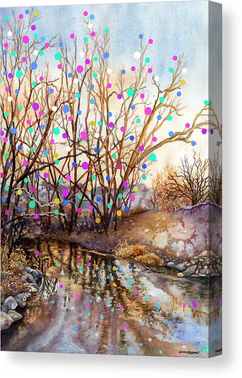 Christmas Card Painting Canvas Print featuring the painting Along Boulder Creek Christmas Card by Anne Gifford