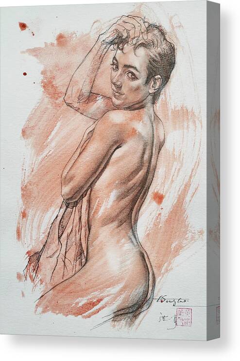 Male Nude Canvas Print featuring the drawing Bather #20110 by Hongtao Huang