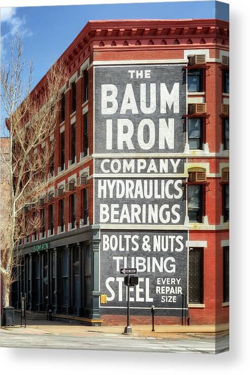 Baum Iron Canvas Print featuring the photograph Baum Iron Company - Omaha Nebraska by Susan Rissi Tregoning