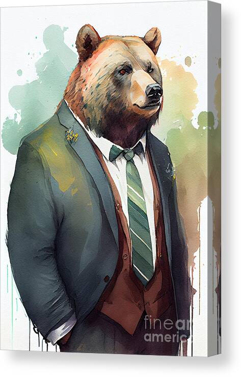 Bear Canvas Print featuring the painting Bear in Suit Watercolor Hipster Animal Retro Costume by Jeff Creation