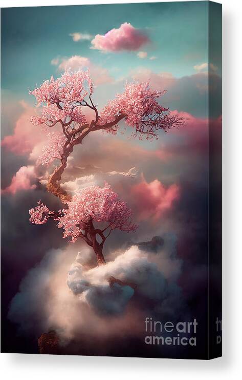 Cherry Canvas Print featuring the digital art Beautiful dreamy cherry blossom tree from heavenly clouds. Abstr by Jelena Jovanovic