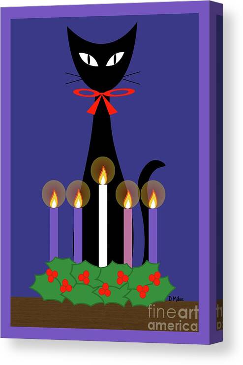 Christmas Canvas Print featuring the digital art Black Cat with Christmas Advent Wreath by Donna Mibus