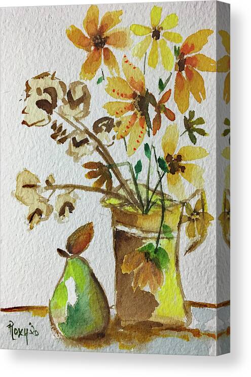 Still Life Canvas Print featuring the painting Black eyed Susans and a Pear by Roxy Rich