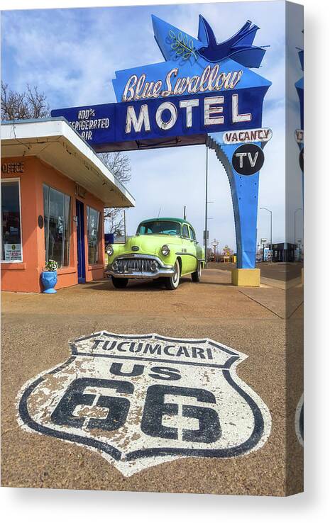 Blue Swallow Motel Canvas Print featuring the photograph Blue Swallow Motel - Rt 66 by Darren White