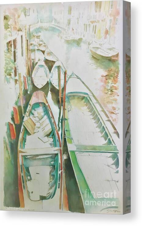 #boatsofvenice #boats #venice #italy #watercolor #watercolorpainting #canal #venicecanal #glenneff #thesoundpoetsmusic #picturerockstudio Canvas Print featuring the painting Boats of Venice by Glen Neff