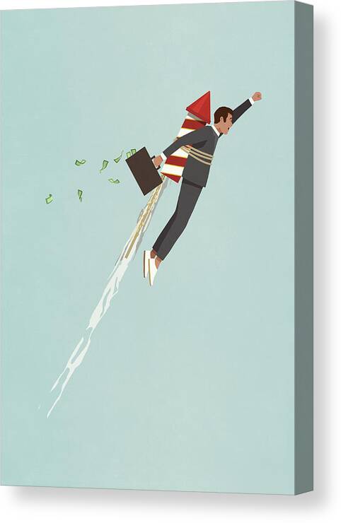 Corporate Business Canvas Print featuring the drawing Businessman with rocket accelerating upwards by Malte Mueller