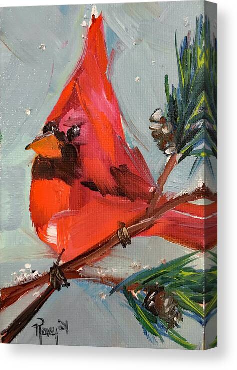 Cardinal Canvas Print featuring the painting Cardinal in a Fir Tree by Roxy Rich