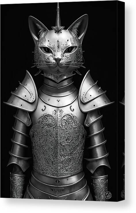 Cat Canvas Print featuring the digital art Cat Knight Portrait 04 Black and White by Matthias Hauser