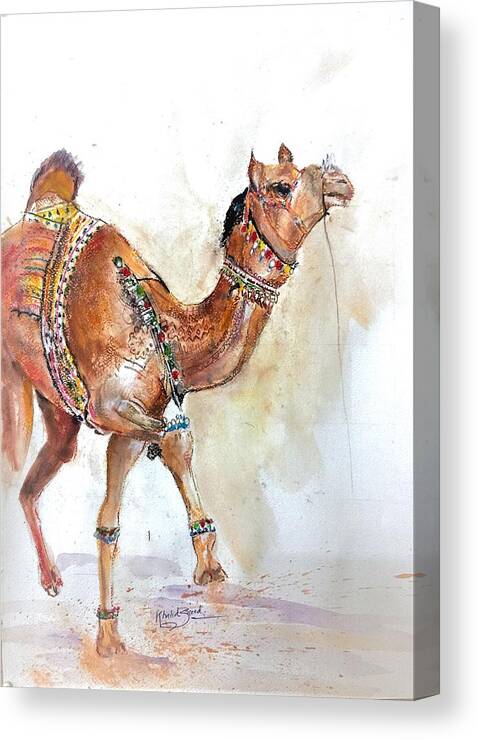 Camel Canvas Print featuring the painting Cheerful steps by Khalid Saeed