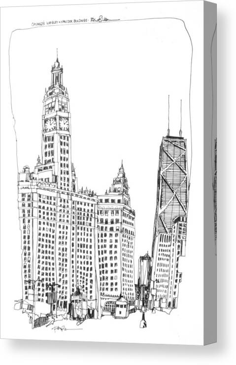 Chicago's Wrigley And Hancock Buildings Canvas Print featuring the drawing Chicago Wrigley and Hancock Buildings by Robert Birkenes
