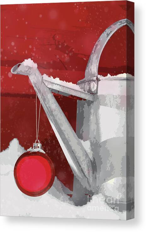 Bird Canvas Print featuring the digital art Christmas ball on watering can in the snow by Sandra Cunningham