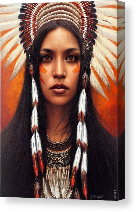 Beautiful Canvas Print featuring the painting Closeup Portrait Of Beautiful Native American Wom 44777eb4 86ef 451e 8412 15e4cf2e6574 by MotionAge Designs