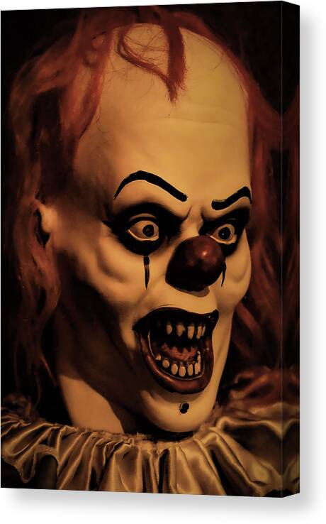 Clown Face Scary Close Red Teeth Halloween Canvas Print featuring the photograph Clown by John Linnemeyer