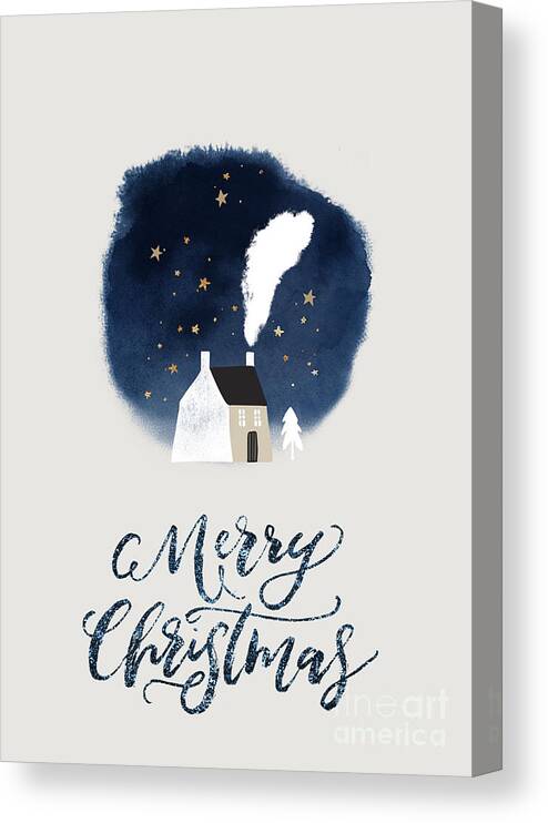 Cozy Winter Night Canvas Print featuring the painting Cozy Winter Night Watercolor Art Christmas Holiday by Modern Art