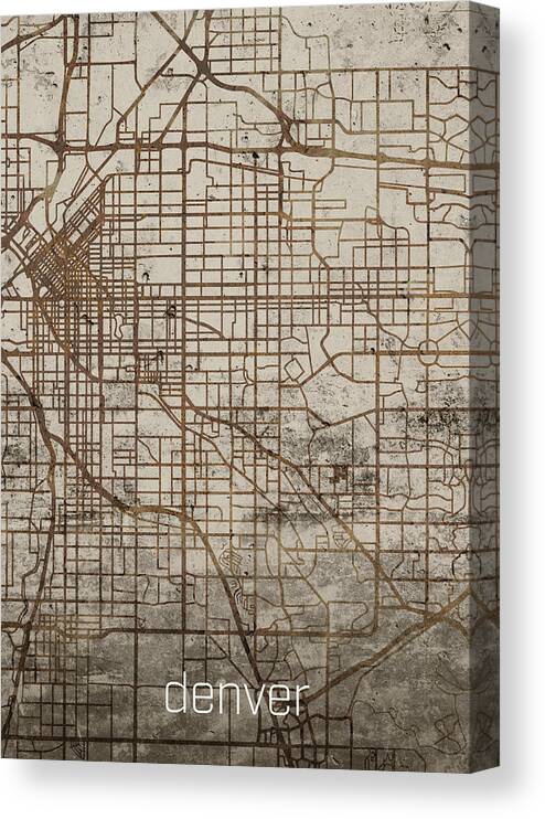 Denver Canvas Print featuring the mixed media Denver Colorado Vintage City Street Map on Cement Background by Design Turnpike