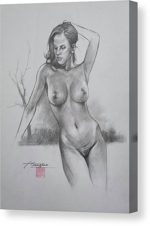 Female Nude Canvas Print featuring the drawing Drawing - female nude #21043 by Hongtao Huang
