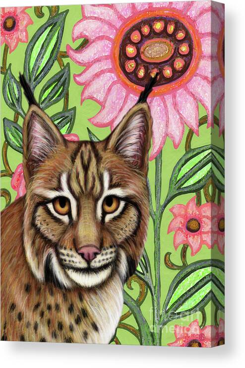 Lynx Canvas Print featuring the painting Eurasian Lynx Folksy Floral by Amy E Fraser