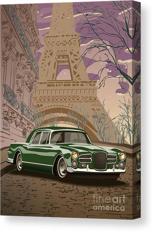 Art Deco Canvas Print featuring the digital art Facel Vega - Paris est a nous. Classic Car Art Deco Style Poster Print Green Edition by Moospeed Art