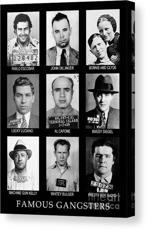 Gangsters Canvas Print featuring the photograph Famous gangsters, public enemies collage by Best of Vintage