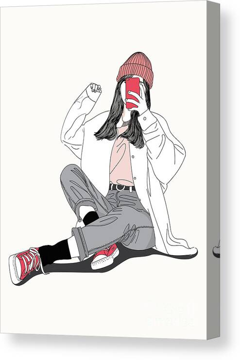 Graphic Canvas Print featuring the digital art Fashion Woman Taking A Selfie In Front Of A Mirror - Line Art Graphic Illustration Artwork by Sambel Pedes