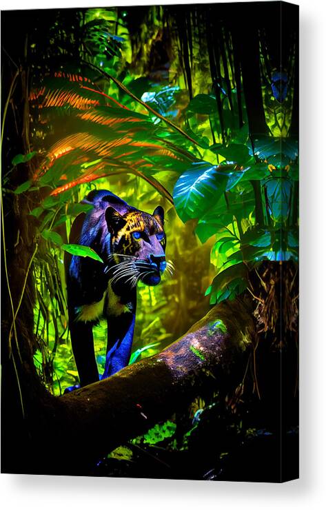 Feline Panther In The Costa Rican Rainforest Art Canvas Print featuring the digital art Feline panther in the costa rican rainforest ci ccdeb acc  ac bcedcde by Asar Studios by Celestial Images