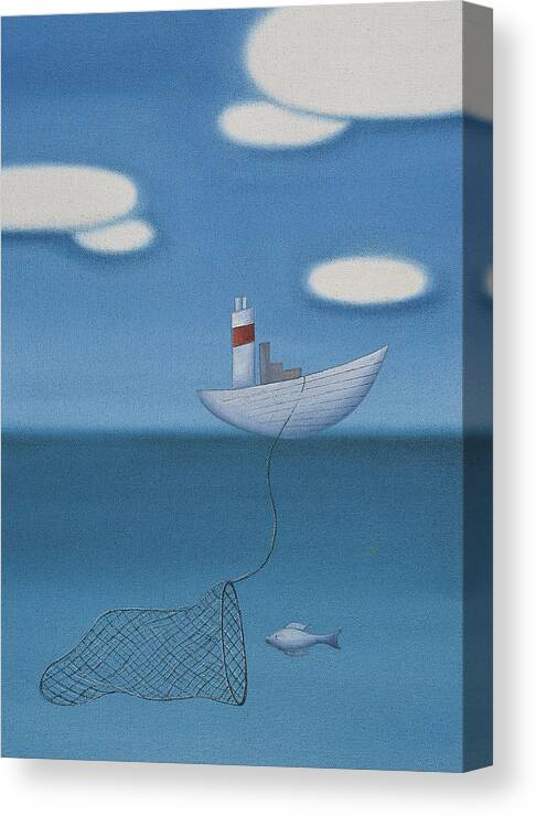 Underwater Canvas Print featuring the drawing Fishing Boat Capturing a Fish Underwater by Mandy Pritty