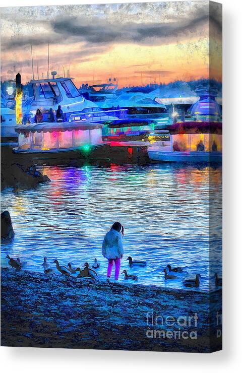 Girl Canvas Print featuring the photograph Girl by the Lake with Holiday Lights by Sea Change Vibes