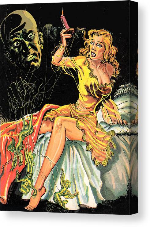 Pinup Canvas Print featuring the digital art Pinup Girl and Green Face in the Dark by Long Shot